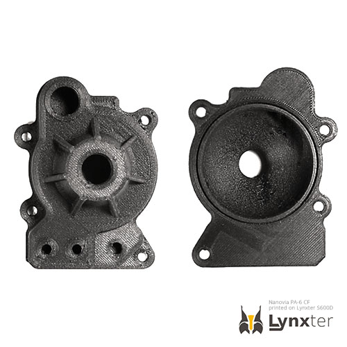 3D printed pump housing using the Lynxter S600D multi material printer and Nanovia PA-6 CF filament